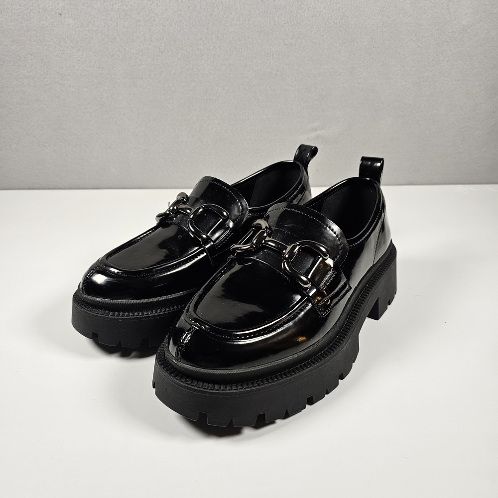 Madden Girl Ashlee Black Platform Lug Sole Loafers Womens Size 7 M Silver Bit